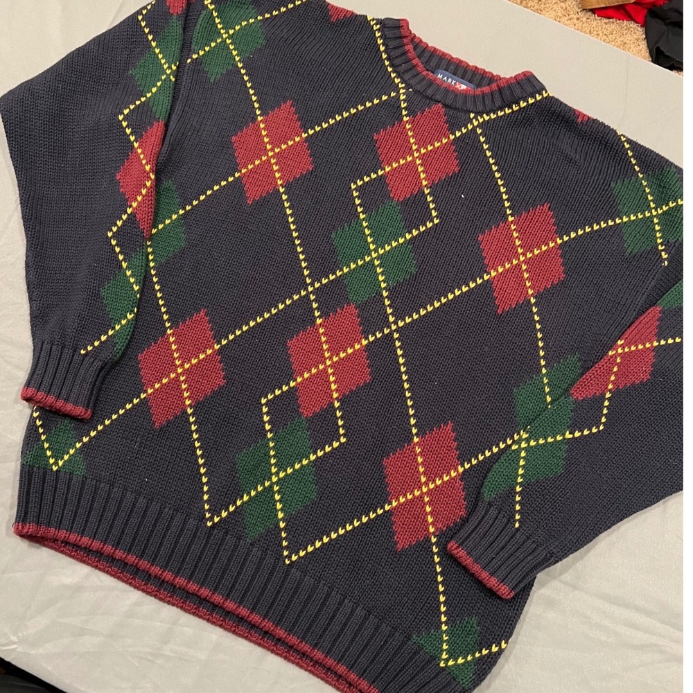 Mark Alexander Mens XL Argyle Knit Sweater Navy Blue Red Green Cotton Vintage